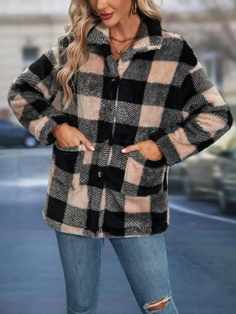 Vintage Jacket for Women Coat Winter Outerwear Button Chequer Streetwear Fashion Pocketed Outfit Korean Autumn Female Clothes