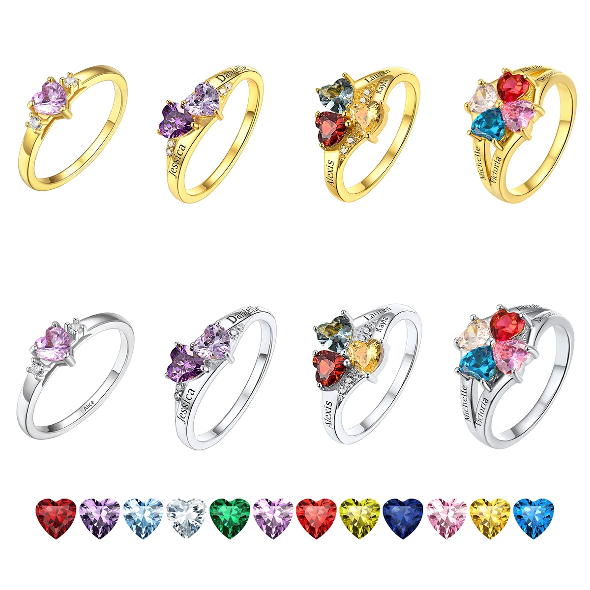 U7 925 Sterling Silver Custom 1-4pcs Heart Birthstone Rings for Woman Size 5-11 Personalized Birthday Wedding Rings Jewelry Gift