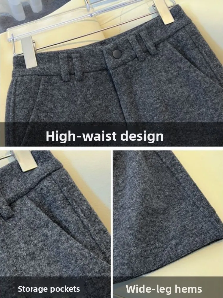 Hohe Taille Gerade Bein Woolen Breite Bein Hosen Kaffee Farbe Casual Hosen für Frauen Pendeln Sle Koreanische Version Reine Farbe