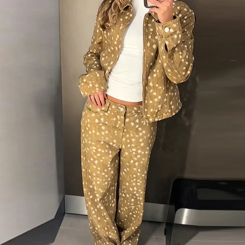 Retro American Deer Dotted Print 2 Piece Outfit Zipper Jacket Button Loose Trousers 2026 Winter New Casual Women Pants Sets