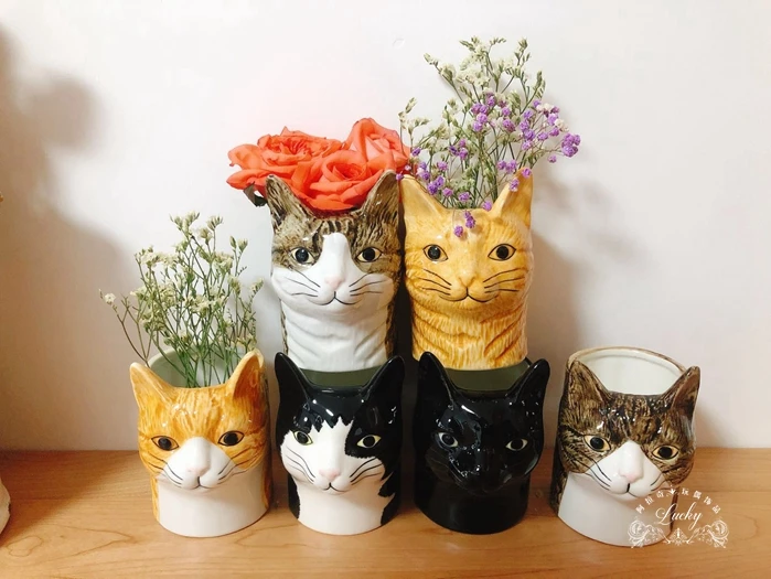 

Creative Animal Cat-shaped Ceramic Vase Pen Holder Home Desktop Ornaments Hand-painted Flower Pot Home & Outdoor Decoration Gift