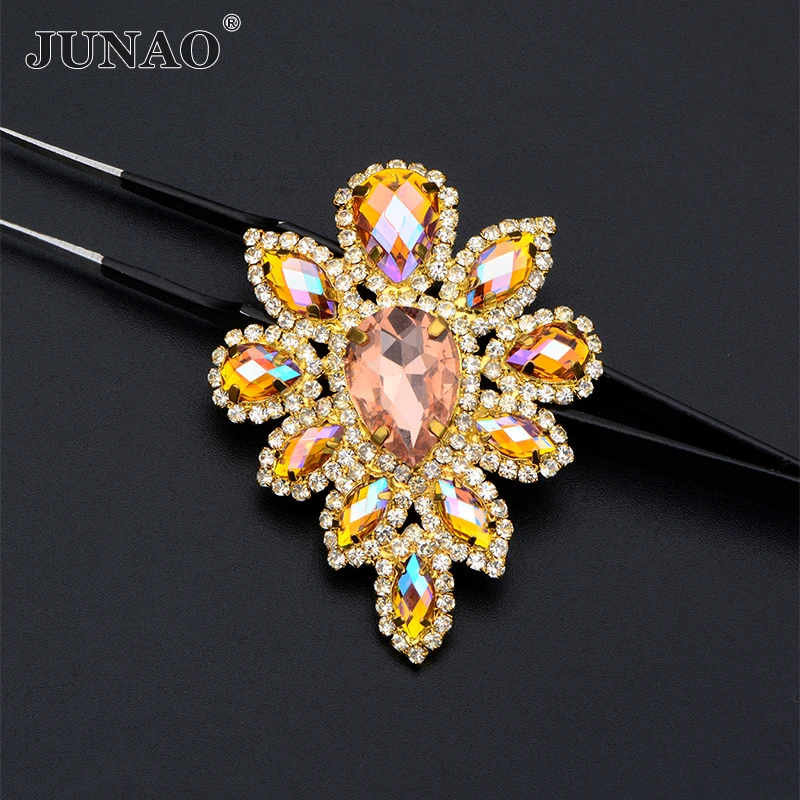 JUNAO 1Pc 45*59mm Sewing Purple AB Glass Rhinestones Flowers Gold Claw Strass Appliques Sew On Crystal Stones for Clothes Shoes