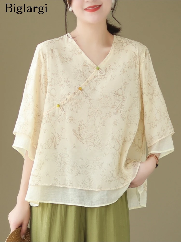 

Oversized Summer Chinese Style V-Neck T-Shirts Women Flower Floral Print Modis Ladies Blouses Loose Ruffle Pleated Woman T-Shirt