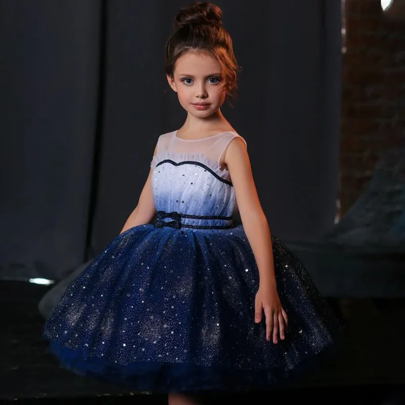 3-10 year old baby clothes new sleeveless mesh sequin fluffy girl princess dress birthday party gradient blue star evening dress