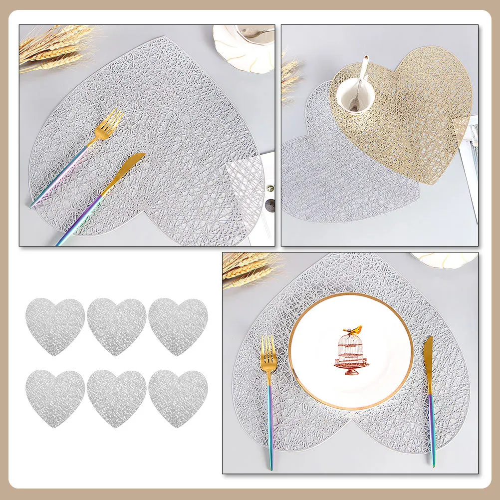 

6pcs Heart Shaped Placemat Pvc Wear-Resistant Anti-Skid Table Mat Decorative Dining Mat For Home Restaurant Wedding Banquet