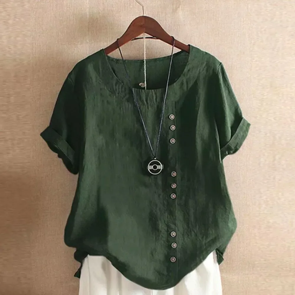 Women Cotton Linen Round Neck Short Sleeve T Shirt Button Detail Elegant Breathable Soft Flattering Daily Casual Comfy