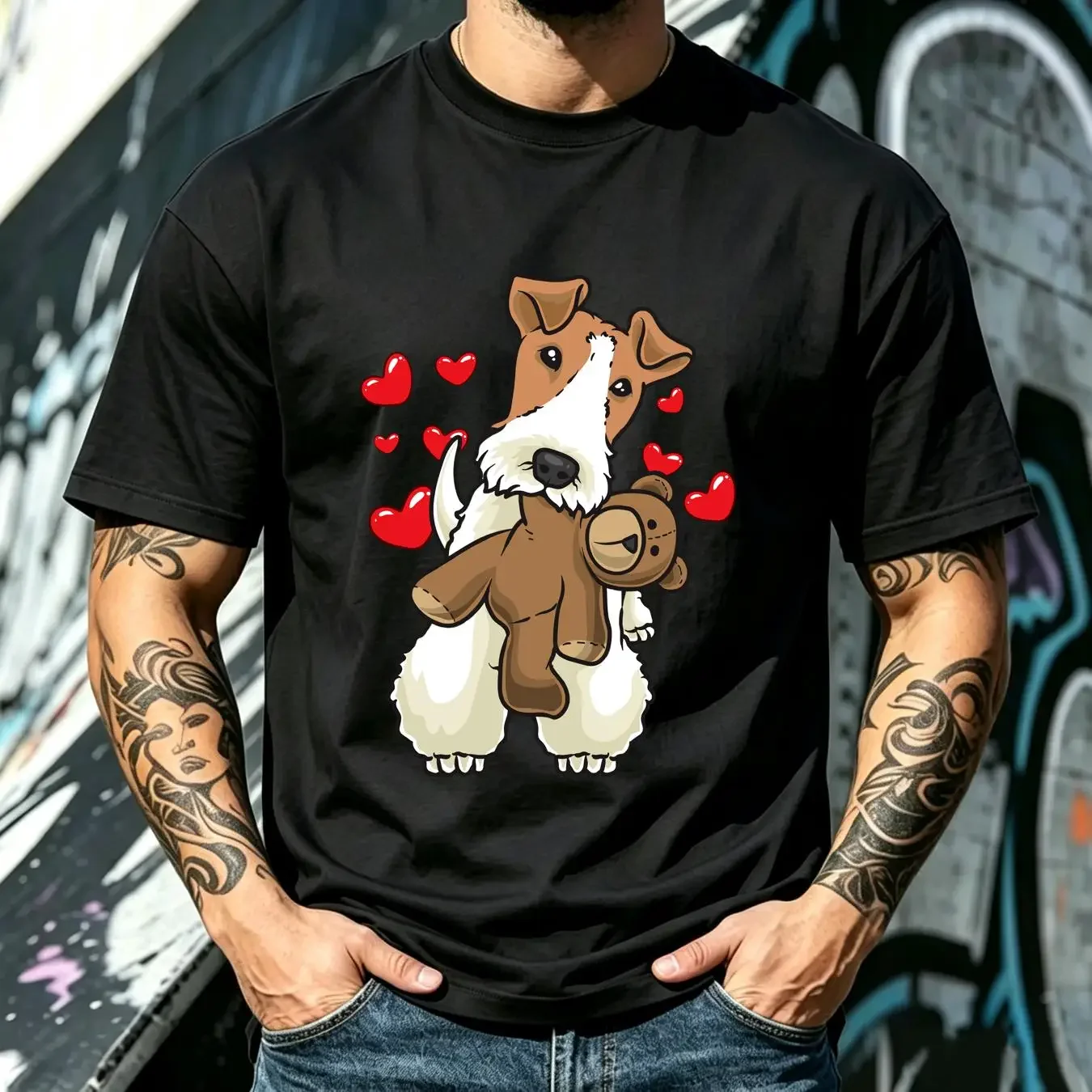 washed T Shirt Fox Terrier Wirehaired Dog with Stuffed Animal Baseball cap Snapback Caps Knitted Hat vintage Washed Comfortable