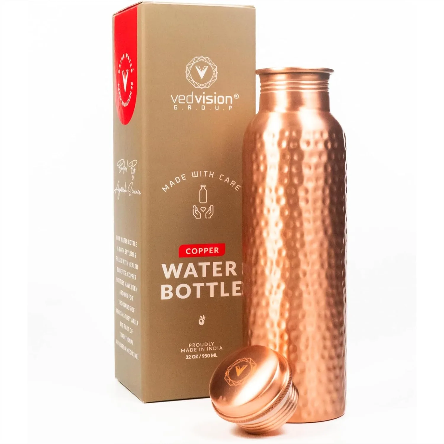 

32oz Pure Copper Water Bottle Hammered Finish Leak-Proof Wide Mouth Travel Friendly