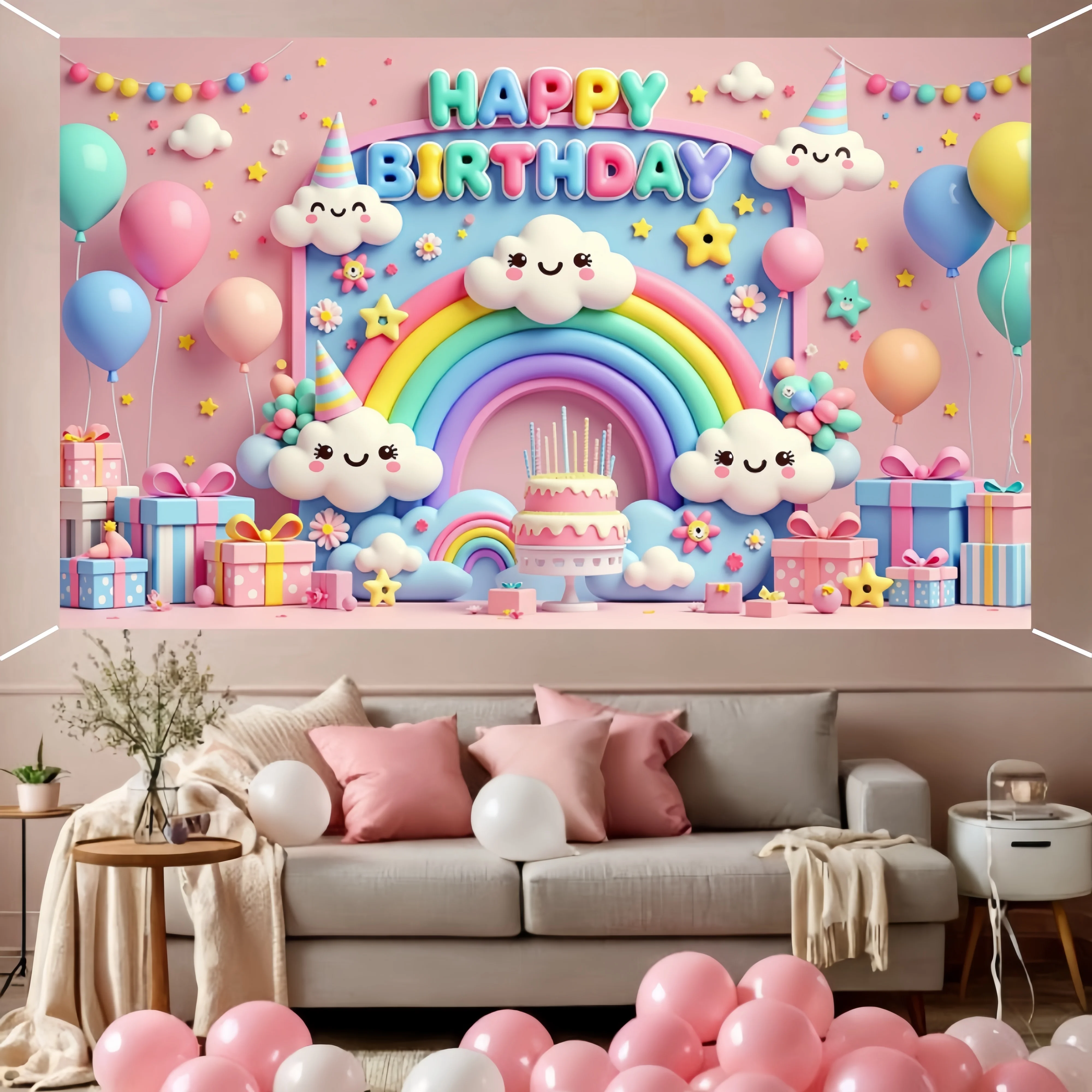 عيد ميلاد سعيد خلفية راية بالونات قوس قزح سحابة الطفل الأطفال حفلة عيد ميلاد الديكور خلفية التصوير الدعائم #4