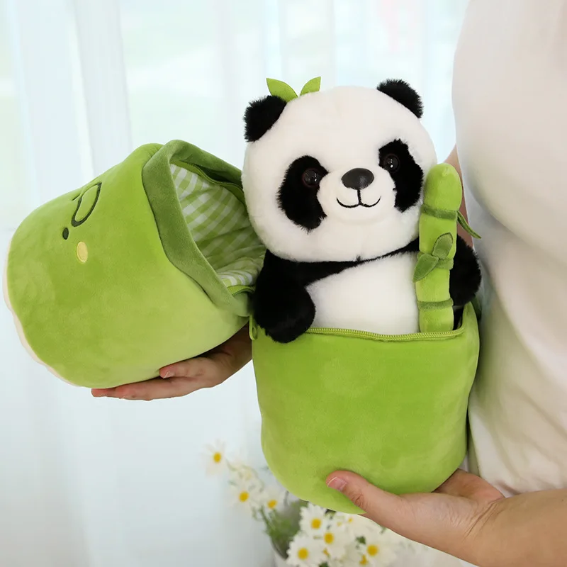 Cute Panda Bear Plush with Bamboo Bag Stuffed Animal Doll Toy Cushion Pillow Cartoon Kawaii Dolls Kids Girlfriend Birthday Gift