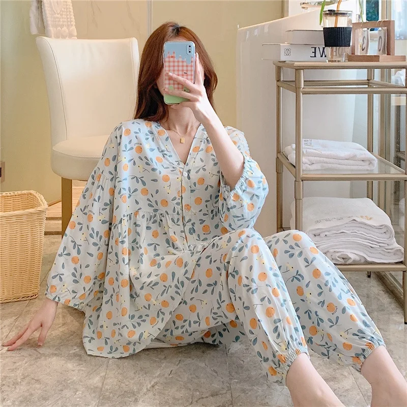 Baggy Pajama Sets Women Lantern Sleeve Summer Elegant New Sleepwear Simple Lady Thin Breathable Mixed Color Casual Sleepwear