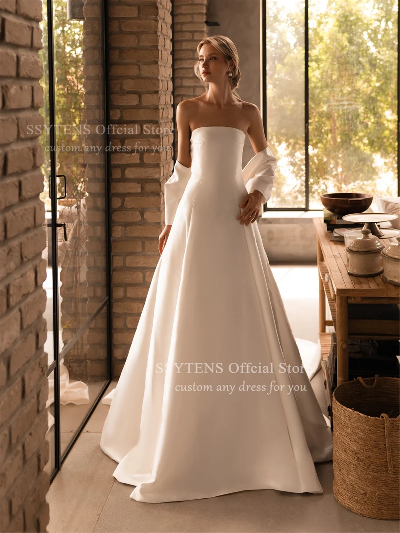 SSYTENS Elegante Elfenbein-Satin-Brautkleider, A-Linie, trägerlos, plissiert, Feenbraut-Abschlussballkleid 2026, Brautkleider, Vintage, individuell gestaltet