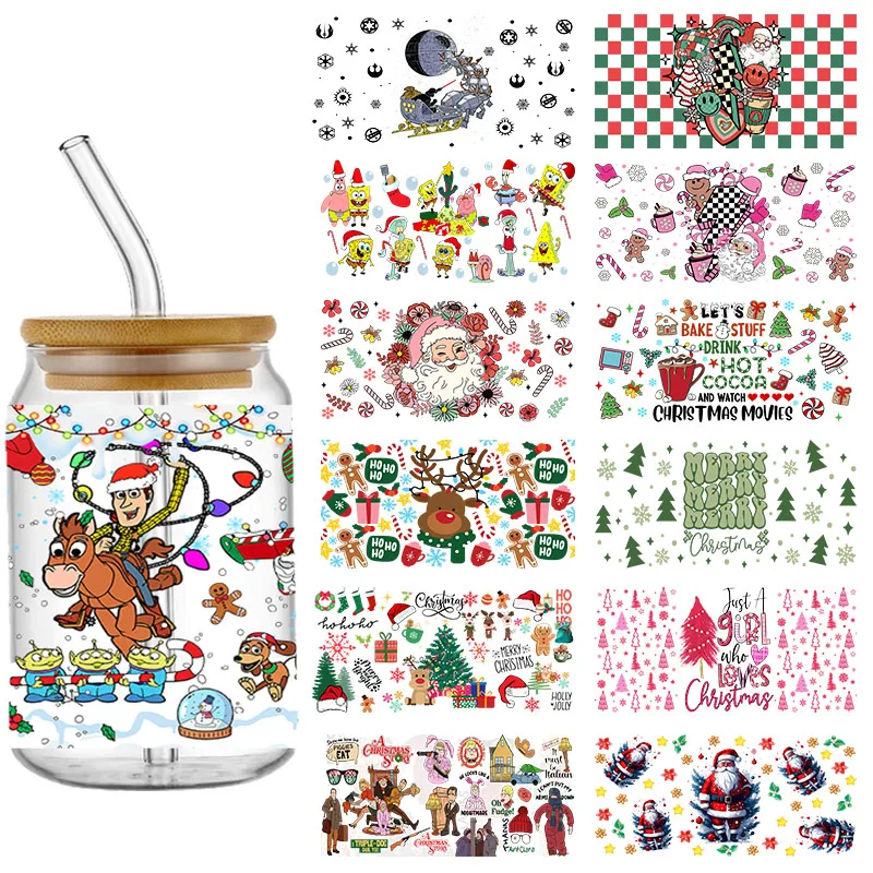 

Cartoon Happy Christmas 16OZ UV DTF Cup Wraps Transfer Sticker For Glass Libbey Can Bottle Selfadhesive Washable DIY Custom