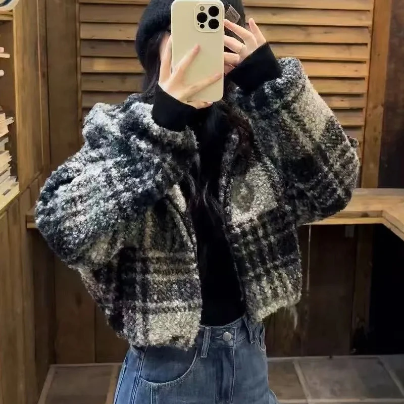 

Женская клетчатая куртка из искусственной овчины, американская винтажная уличная укороченная куртка Harajuku Y2K, осенняя теплая повседневная верхняя одежда с длинными рукавами в консервативном стиле