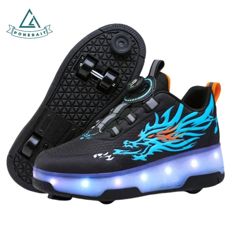 

PONERAIT Boys Shoes with Wheels LED Light-Up Beginner Skate Shoes-4 Wheel Rotating Buckle Design with Brake Mesh Fabric