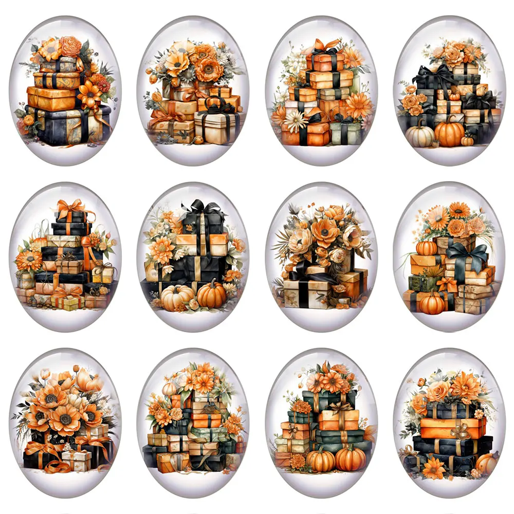 

10pcs/lot Handmade Thanksgiving Pumpkin Flower Autumn Fall Gift Oval Photo Glass Cabochon Flatback Demo Cameo Diy Jewelry Making