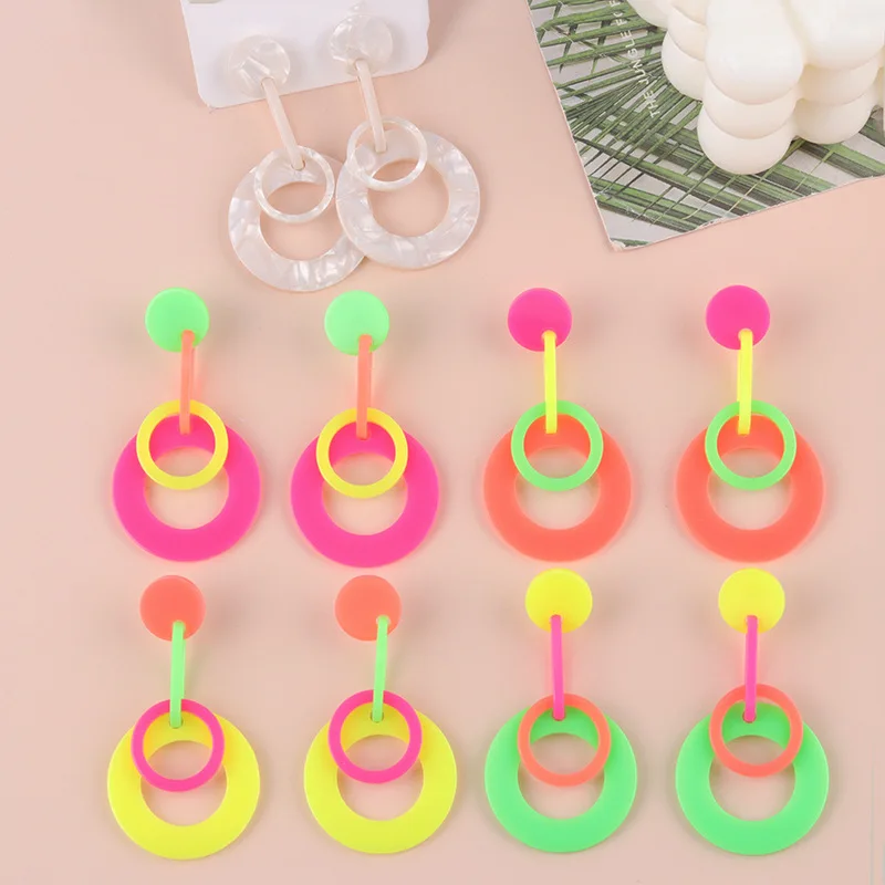 Simple earrings European and American fluorescent color geometric splicing circle acrylic stud earrings creative personality ear