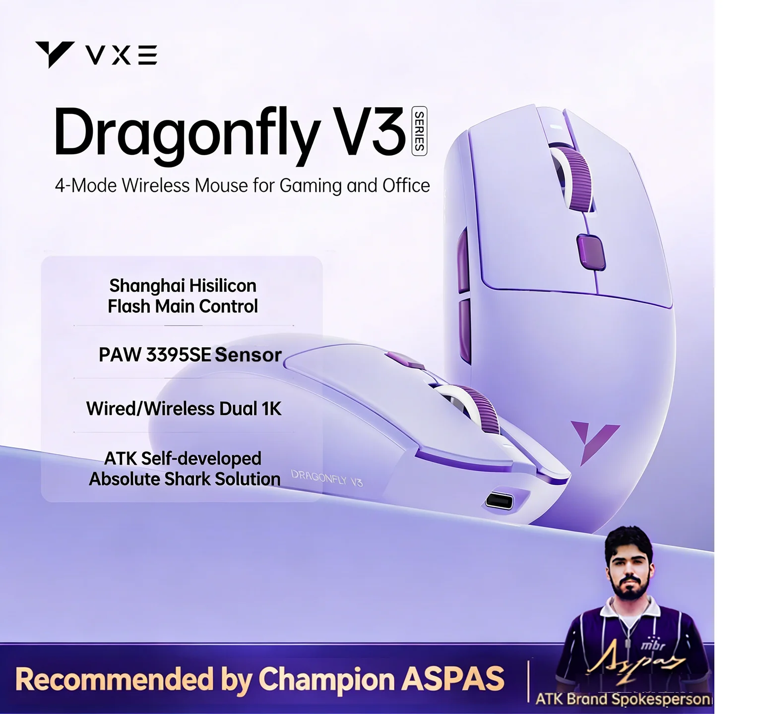 ATK VXE Dragonfly V3 Pro Wireless Gaming Mouse 4-Mode Ultra-lightweight Rechargeable Ergonomic E-sports Mice for Office PCLaptop