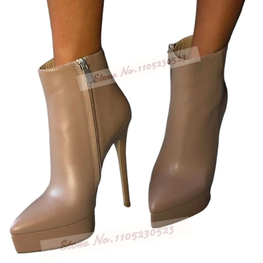 Burgundy Nude Matte Platform Ankle Boots Stiletto Heels Pointed Toe Short Booties Zipped Outside Motorcycle Boots Elegant Shoes view 5