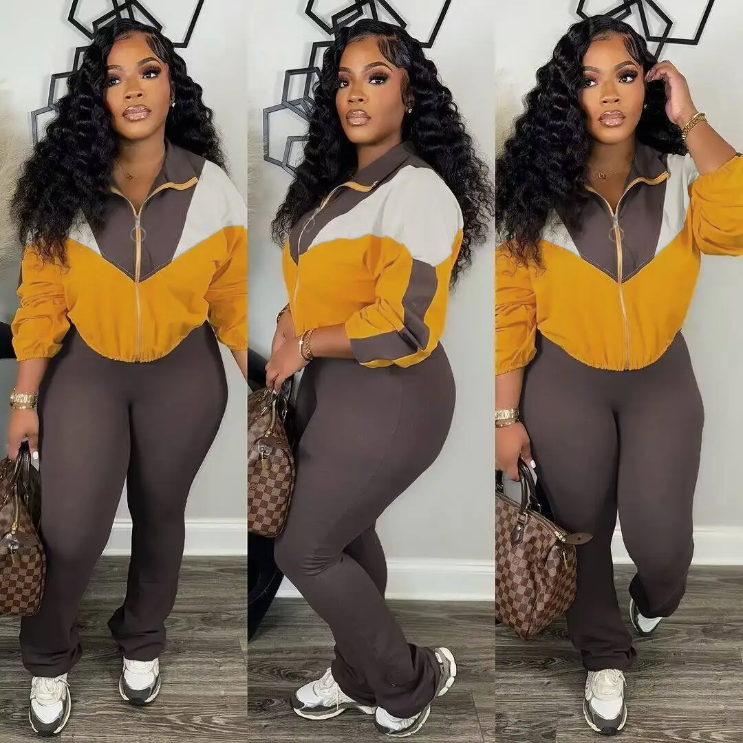 

Women Set Autumn Winter Casual Two Piece Set Tracksuit Drawstring Patchwork Crop Jacket Flare Pants Fitness Sweatsuit Outfits