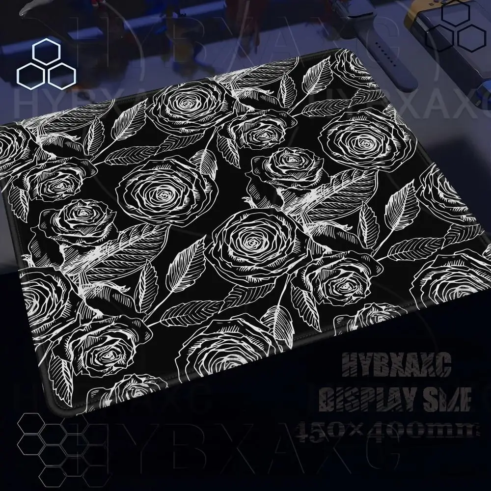 Black Roses Mouse Pad Multiple Sizes Large Square Computer Office Game Table Mat Line Drawing Floral Rubber Anti-slip Mousepad