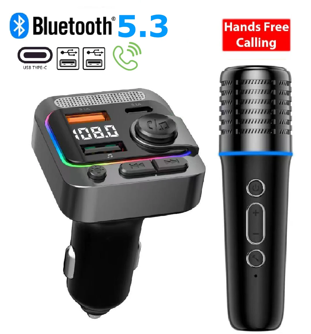 Car Bluetooth MP3 Player Wireless Microphone V5.3 Car FM Transmitter Type-C Dual USB Charging Hands Free Calling Support TF Card