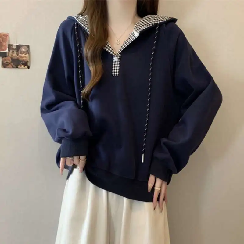 Sweat-shirt à capuche à carreaux américains pour femmes, veste rétro ample de Style paresseux, automne hiver