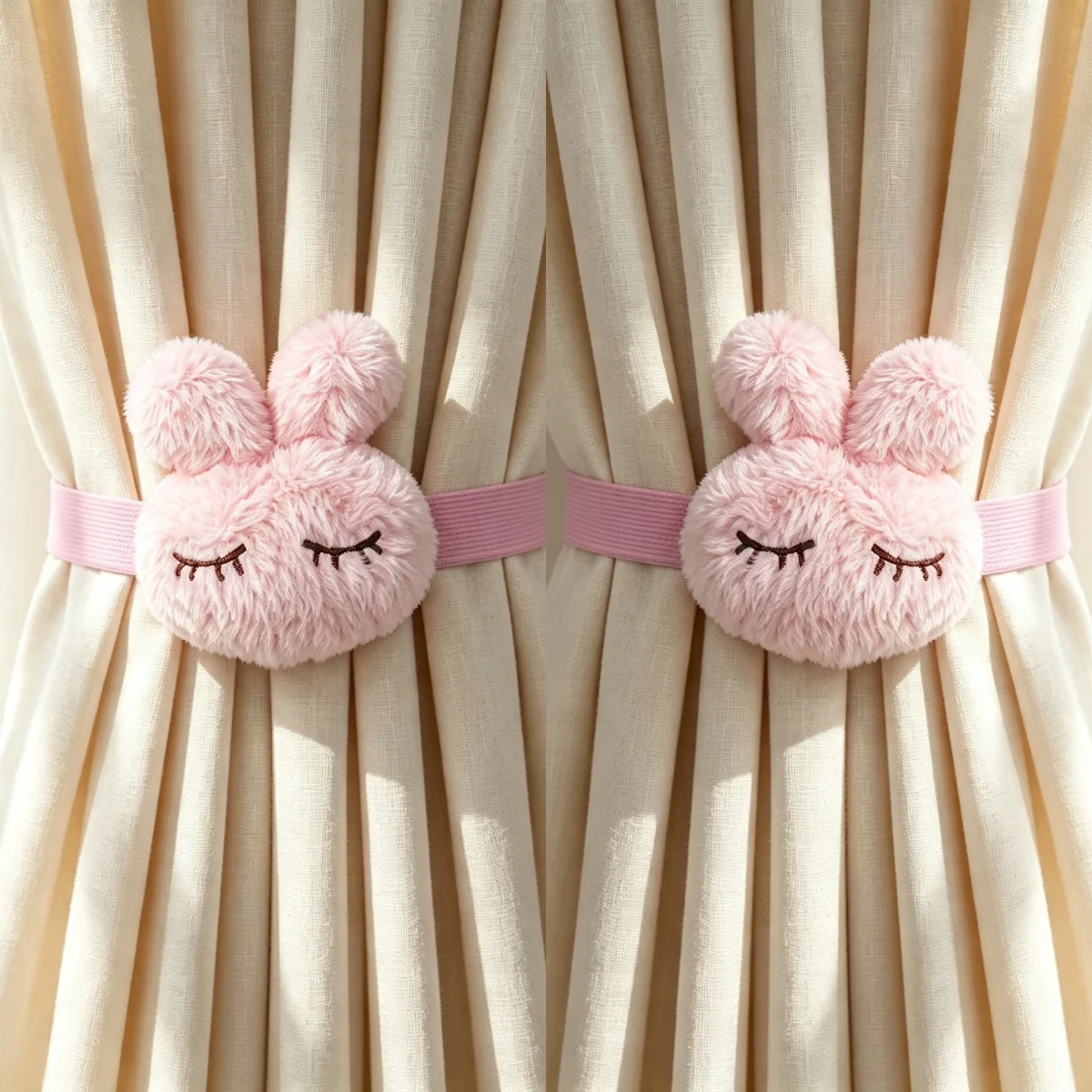 2 Pcs Pink Fluffy Bunny Curtain Tiebacks, Cute Cartoon Ins Korean Style, Magic Tape Reusable Curtain Holdbacks for Kids Girls Be
