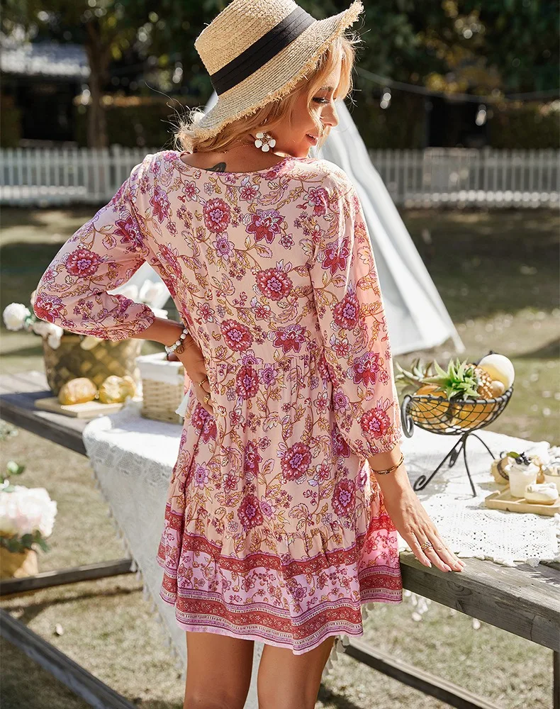 Floral Print Bohemian Casual Vacation Long Sleeve Mini Dress Women\'s Ethnic Style Summer Fashion Dress