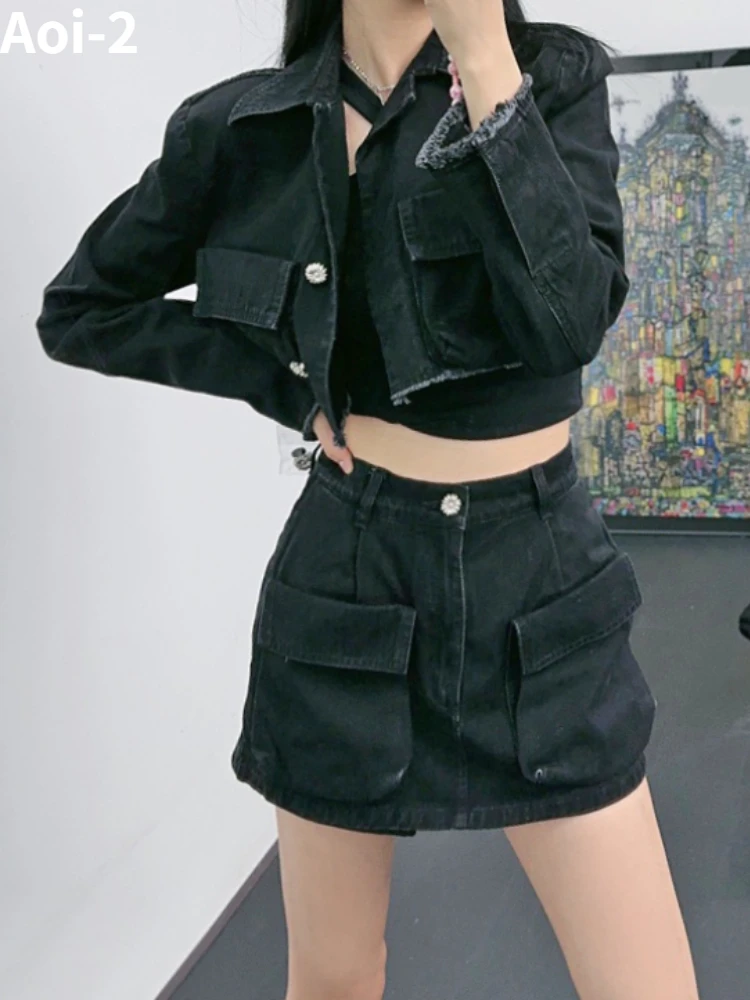 

American Style Vintage Black Denim Suit Women's Autumn New Pocket Jacket Short Coat +Culottes Spice Girls Two-Piece Workwear Set