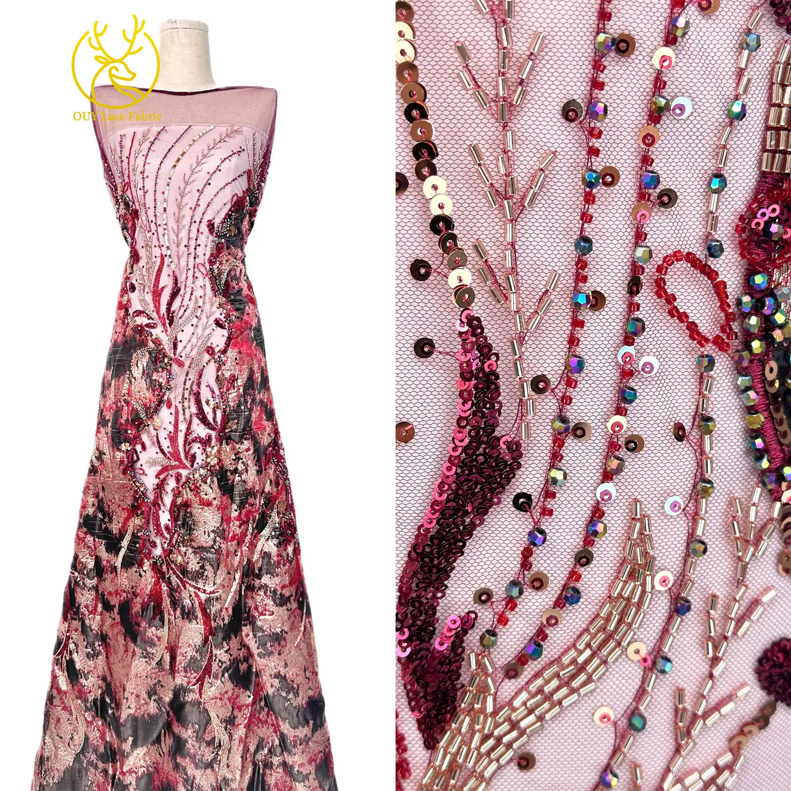 Burgunderroter neuer Design afrikanischer schwere Perlen-Chiffon-Spitzenstoff 2026 Hochwertiger nigerianischer Pailletten-Spitzenstoff für Partykleider – Detail 5