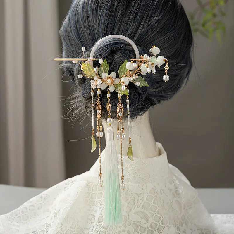 Pearl Tassel Hair Stick Set with Flower Hairpin Chinese Style Hanfu Clothing Chopsticks Hair Styling Hair Accessories BN