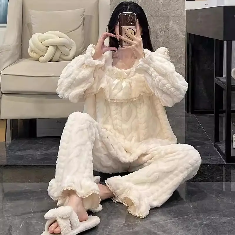 

Женский пижамный комплект из кораллового флиса абрикосового цвета с длинными рукавами, зимняя теплая одежда для сна, уютная удобная модная домашняя одежда на флисовой подкладке