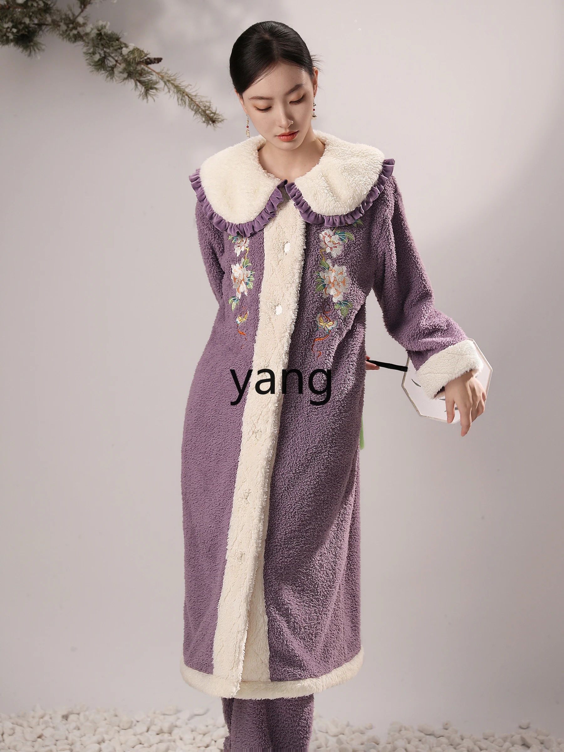 Yjq national style pajamas women's new Chinese style autumn and winter coral fleece pajamas with fleece long loungewear