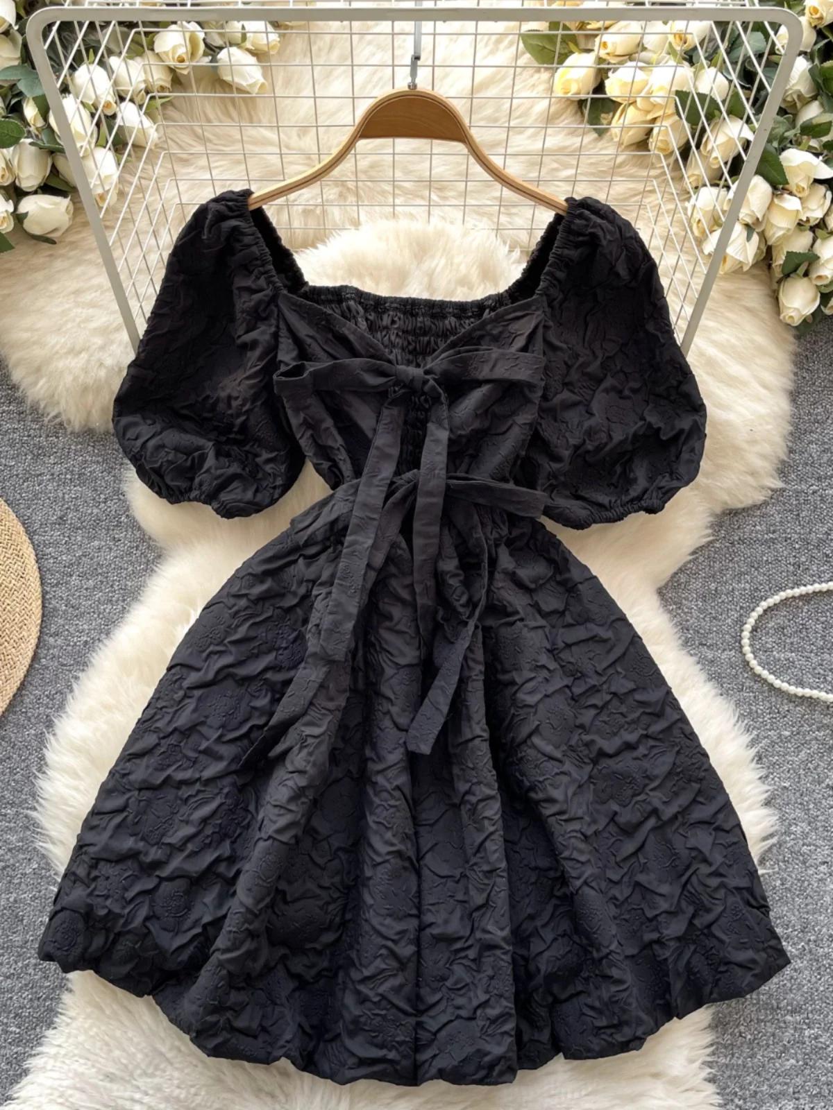Vestido midi preto com recorte vazado, laço borboleta, cinto, manga bufante, cintura alta, estilo coreano, saia evasê, manga ...