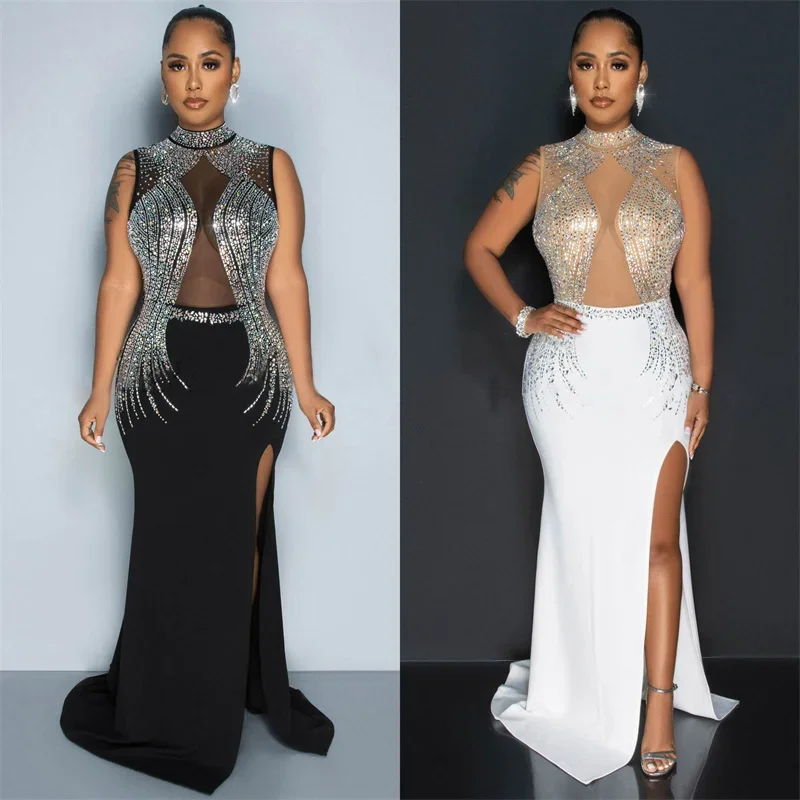 Robe de Soirée Longue en Maille et Strass Transparente pour Femme, Tenue Élégante de Luxe en Forme de Sirène, Fente Haute, Patchwork