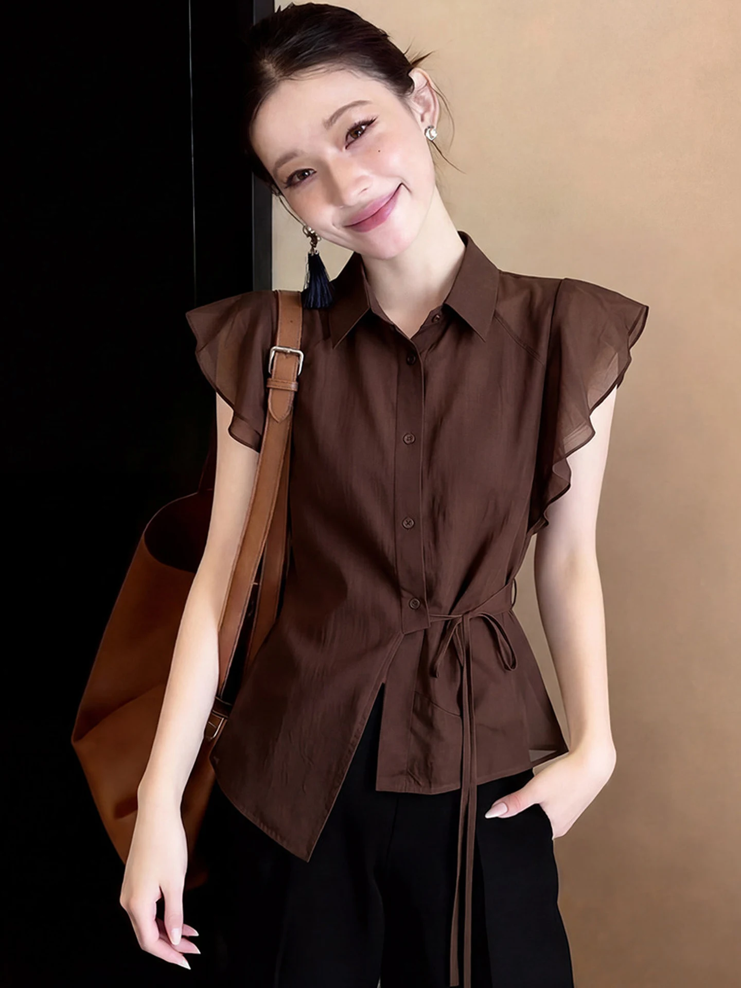 

Retro Stylish Collar Shirt Women's Pure Color Versatile Single Button Design Belted Shirt Commute Korean Style Short Sleeve