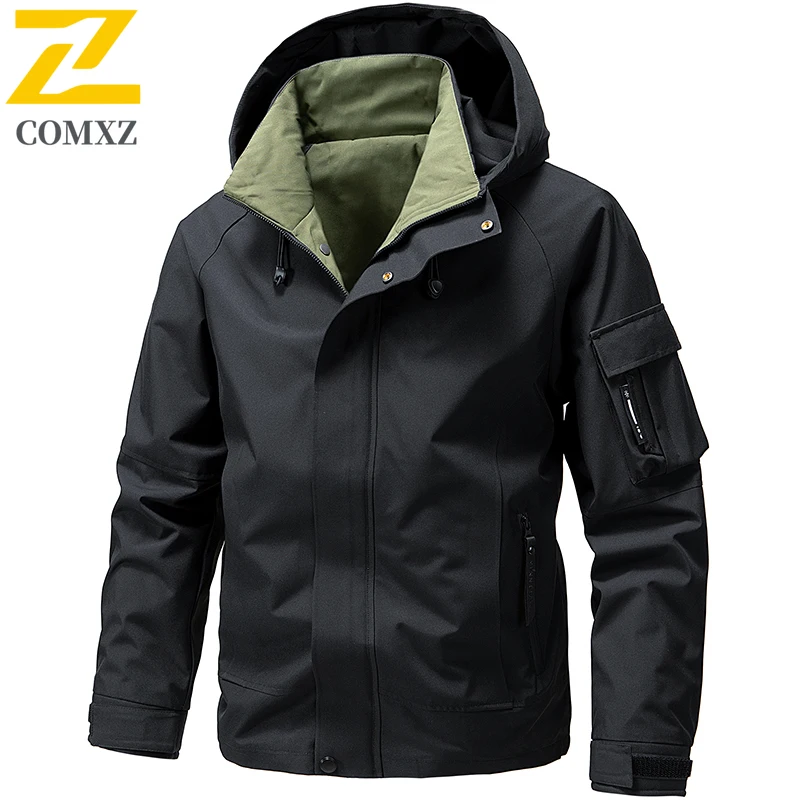 Spring Waterproof Raincoat Jacket Outdoor Hiking Camping Windproof and Wear-resistant Solid Color Hooded Coat Men's Windbreaker