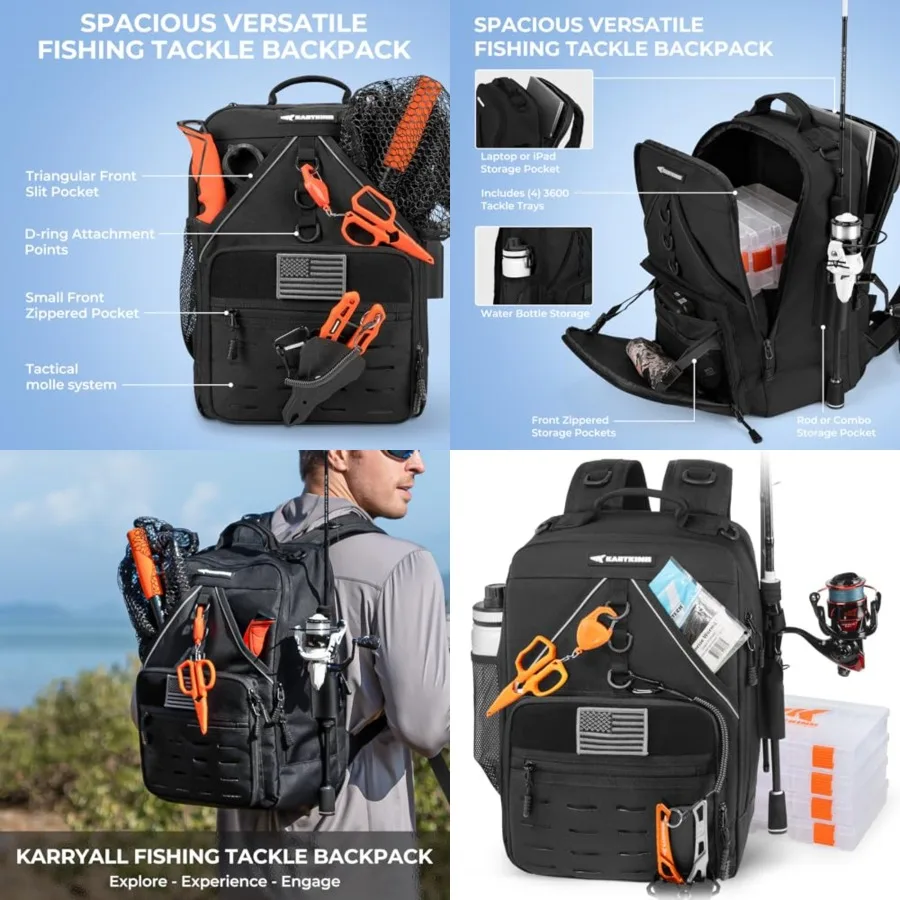 

KarryAll Fishing Tackle Backpack with Rod Holder 4 Tackle Boxes, 40/26L Tackle Bag Storage Fishing Gear and Equipment