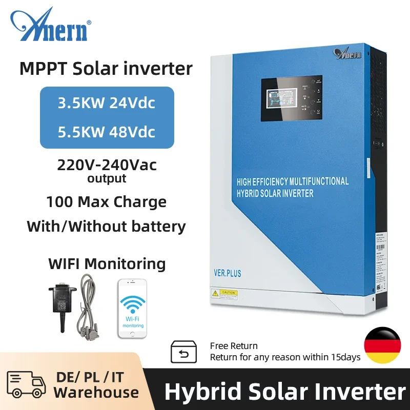 3.5KW 5.5KW 100A MPPT Solar Inverter 24V 48V 220V PV 120-500vdc Solar Hybrid Inverter Can Work Even No Battery