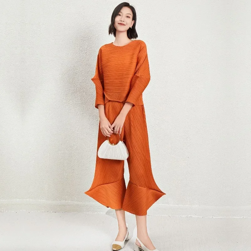 SMVP Geplooid damespak effen kleur ronde hals lange mouw top losse grote maat gevouwen broek 2025, lente herfst nieuwe vrouw