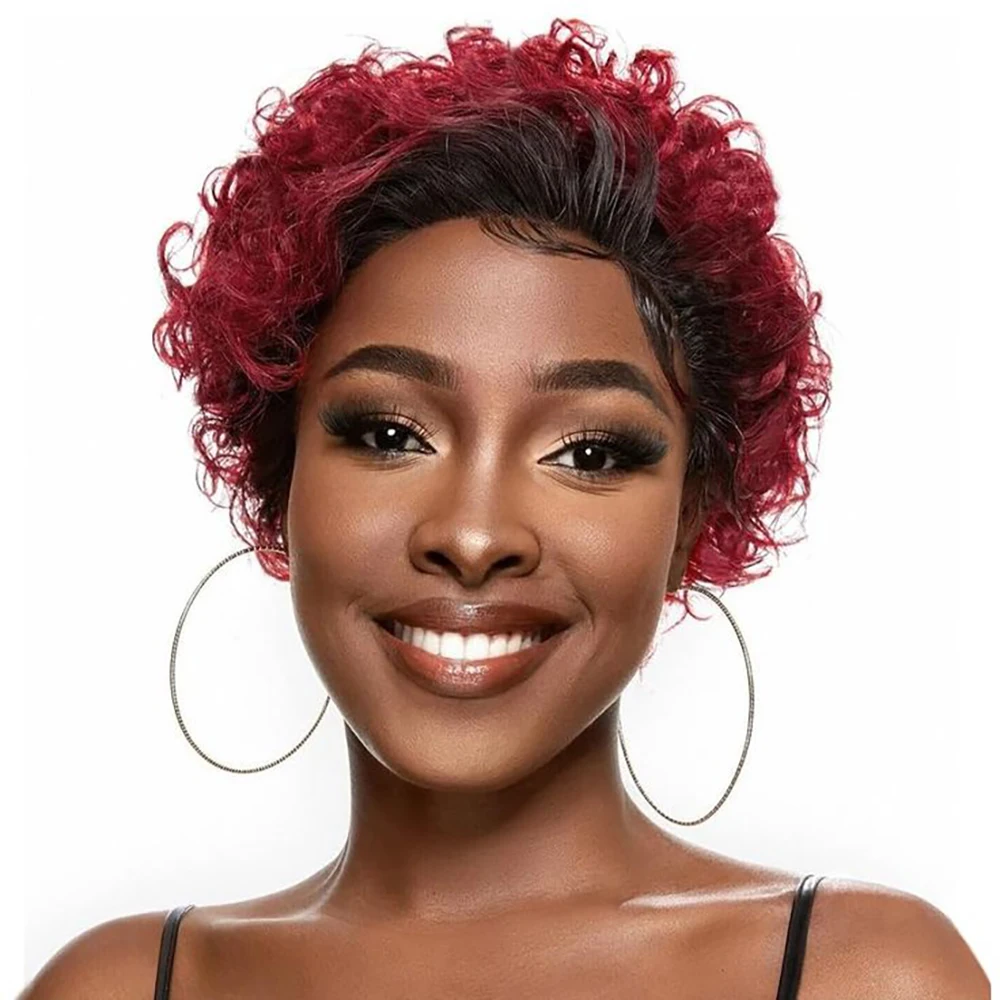 옴브레 버건디 13x4 레이스 프론트 인모 가발 짧은 곱슬 픽시컷 가발 글루리스 프리 플러킹 브라질리언 레미 헤어 (흑인 여성용)