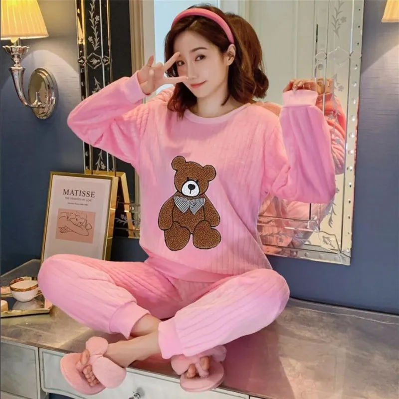 Women\'s Winter Warm Flannel Pajamas Set Korean Elegant Loose Cute Cartoon Sleepwear Home Clothes Two-piece Suit Femlae Pijama