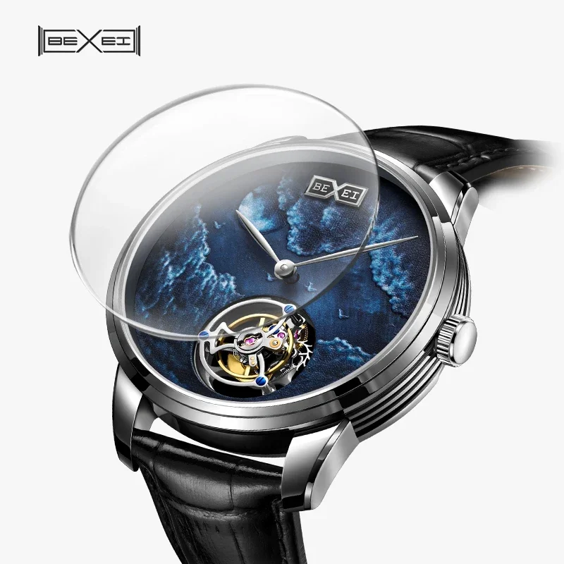 

BEXEI Tourbillon Watch for Men Skeleton Mechanical Movement Ink Painting Dial Synthetic Sapphire Waterproof Wristwatches 9076