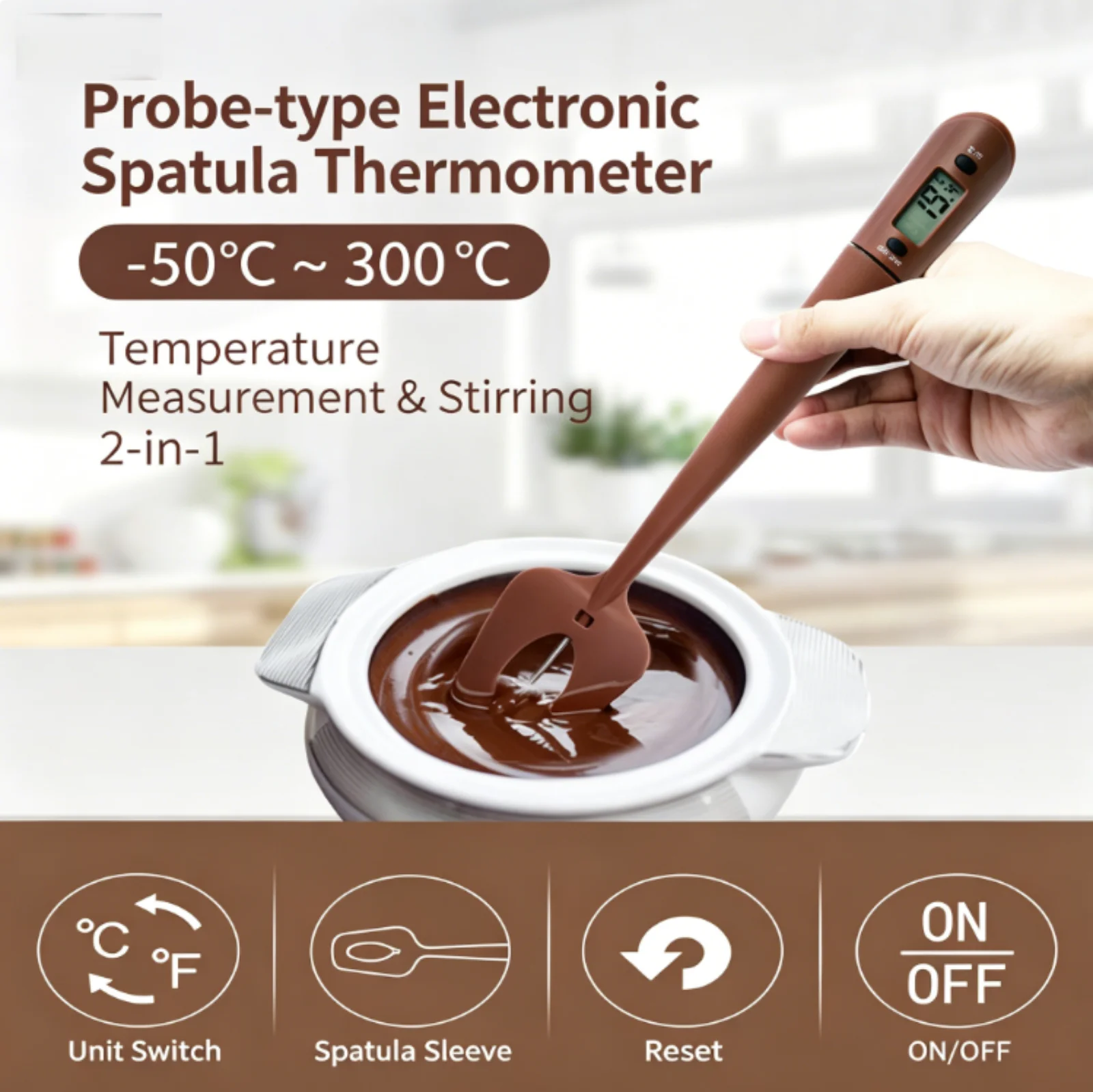 2-in-1 Spatula Thermometer, Instant Read Food Thermometer, 304 Stainless Steel Probe, Food Grade Silicone, -50~300℃ for Kitchen