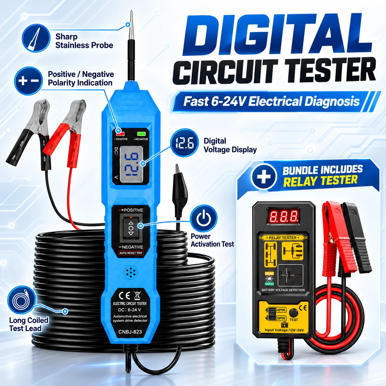 CNBJ-823 Automotive Circuit Tester 6-24V and 12V-24V Relay Tester Kit Car Electrical Diagnostic Tool