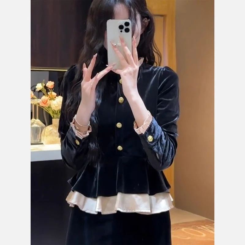 

Французская ретро-поддельная двухсекционная куртка-рубашка с длинными рукавами, осенняя женская куртка 2025 года, новый свободный золотой бархатный топ