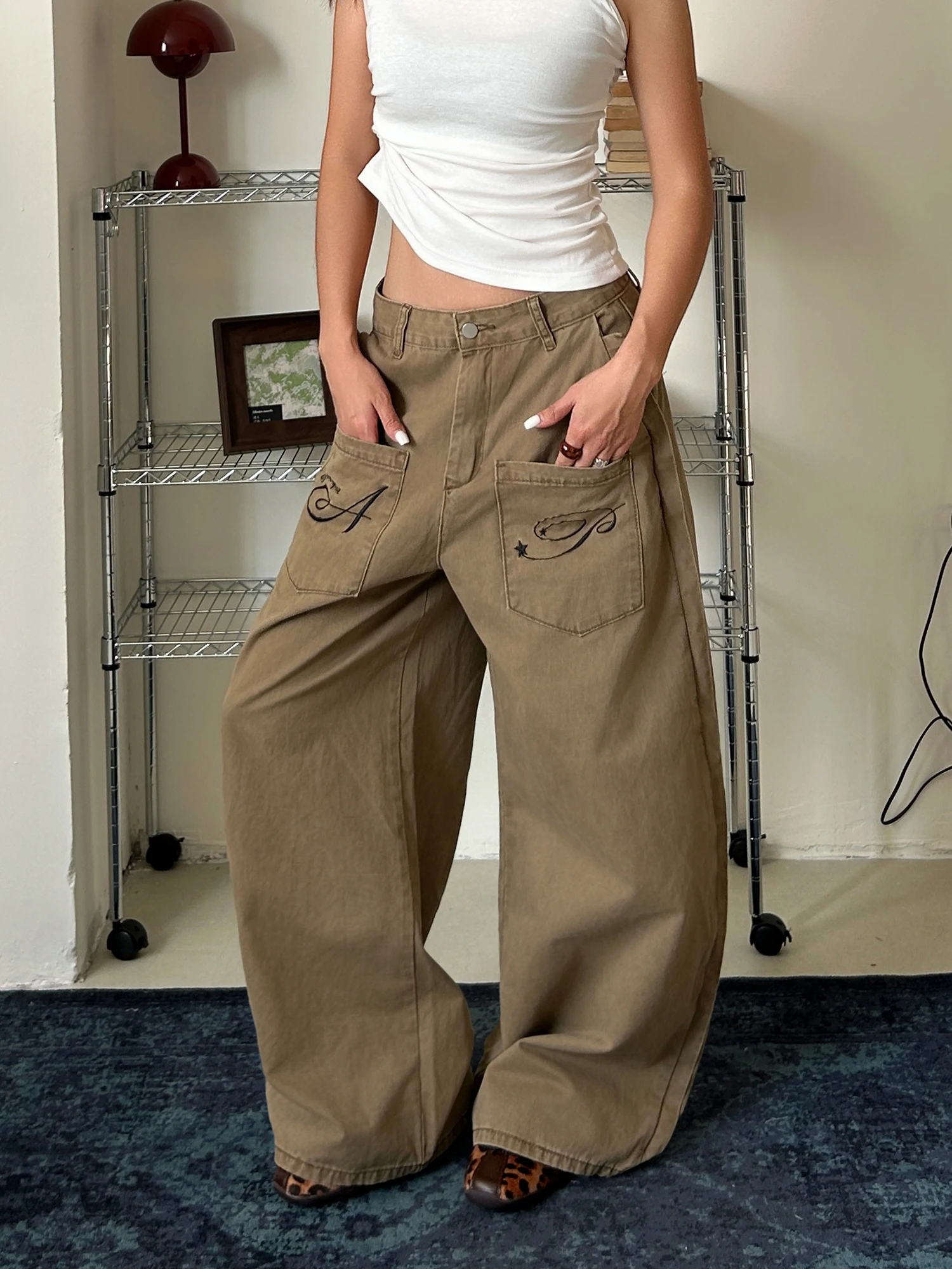 American Retro Street Workwear Jeans Embroidered Wide Leg Knife Casual Long Pants Loose Fit l Waist Cotton Zipper