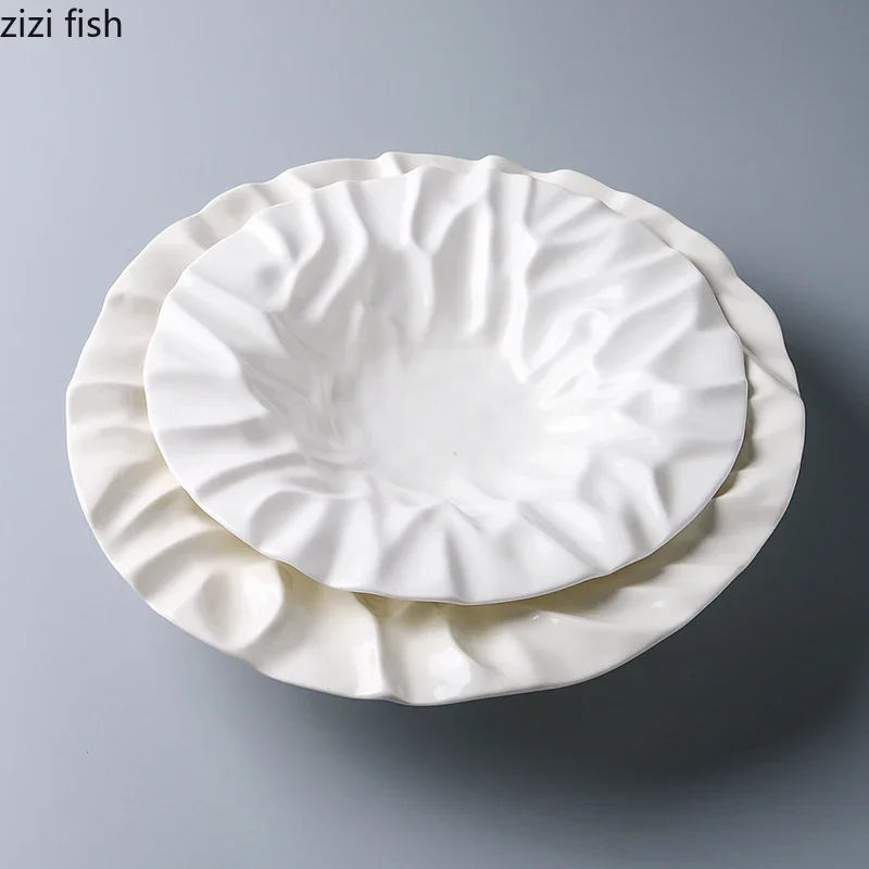 Wrinkle Texture Ceramic Plate White Salad Plate Thick Soup Pasta Dessert Dish Serving Plates Molecular Cuisine Tableware