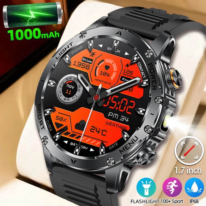 LIGE New Smart Watch Men 1000mAh Ultra Long Battery Life Outdoor Flashlight Bluetooth Call Waterproof Sport Fitness Smartwatch
